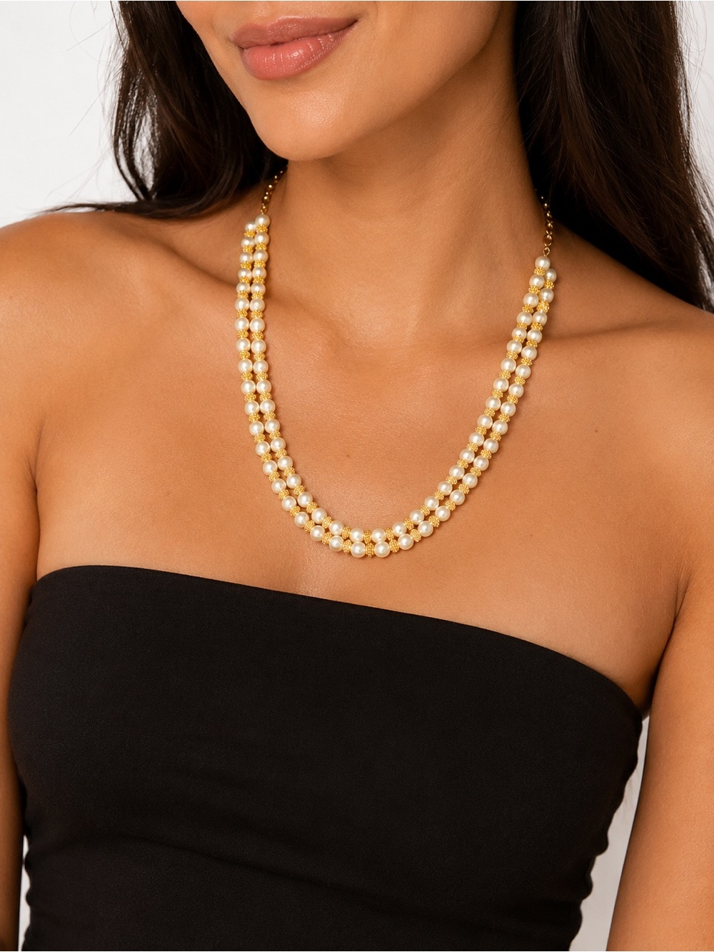 Elegant Pearl & Gold-Tone Double Strand Necklace